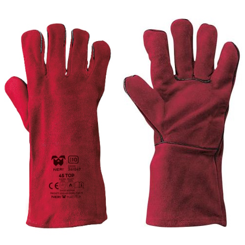 Guanto 45 TOP: in crosta, colore rosso, foderato, imbottito, con salvacuciture, manichetta 14 cm, tg