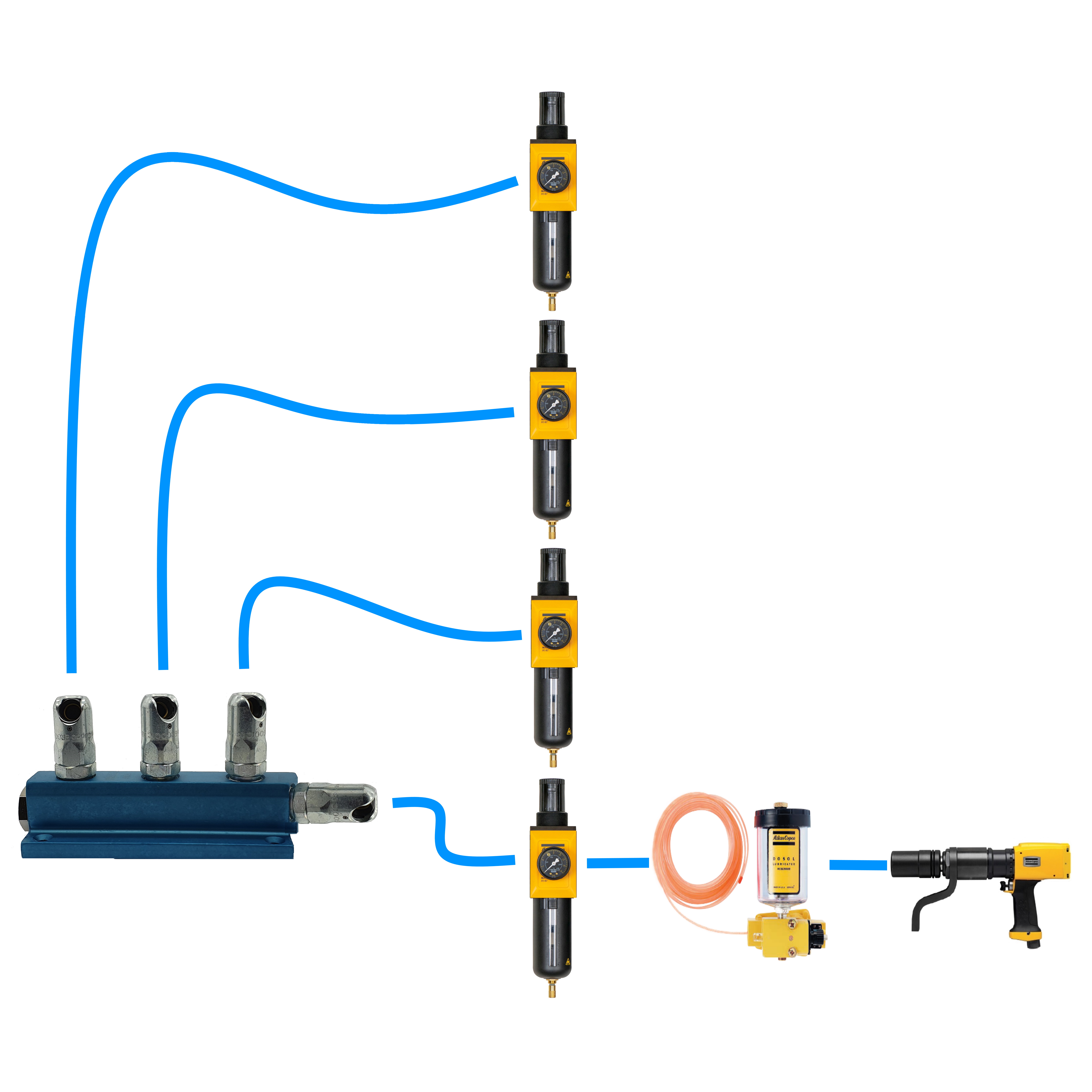 Controllo coppia a 4 valori pre-impostati: tipo a muro, MIDI-F/R-1/2-BSP, nr.3 postazioni oil free, 