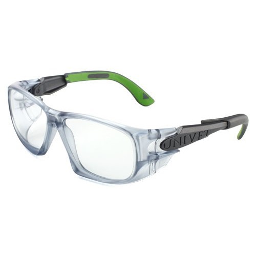 Occhiale Mod. 5X9: montatura gun metal/verde, lente neutra in vetro, protezioni laterali, aste regol