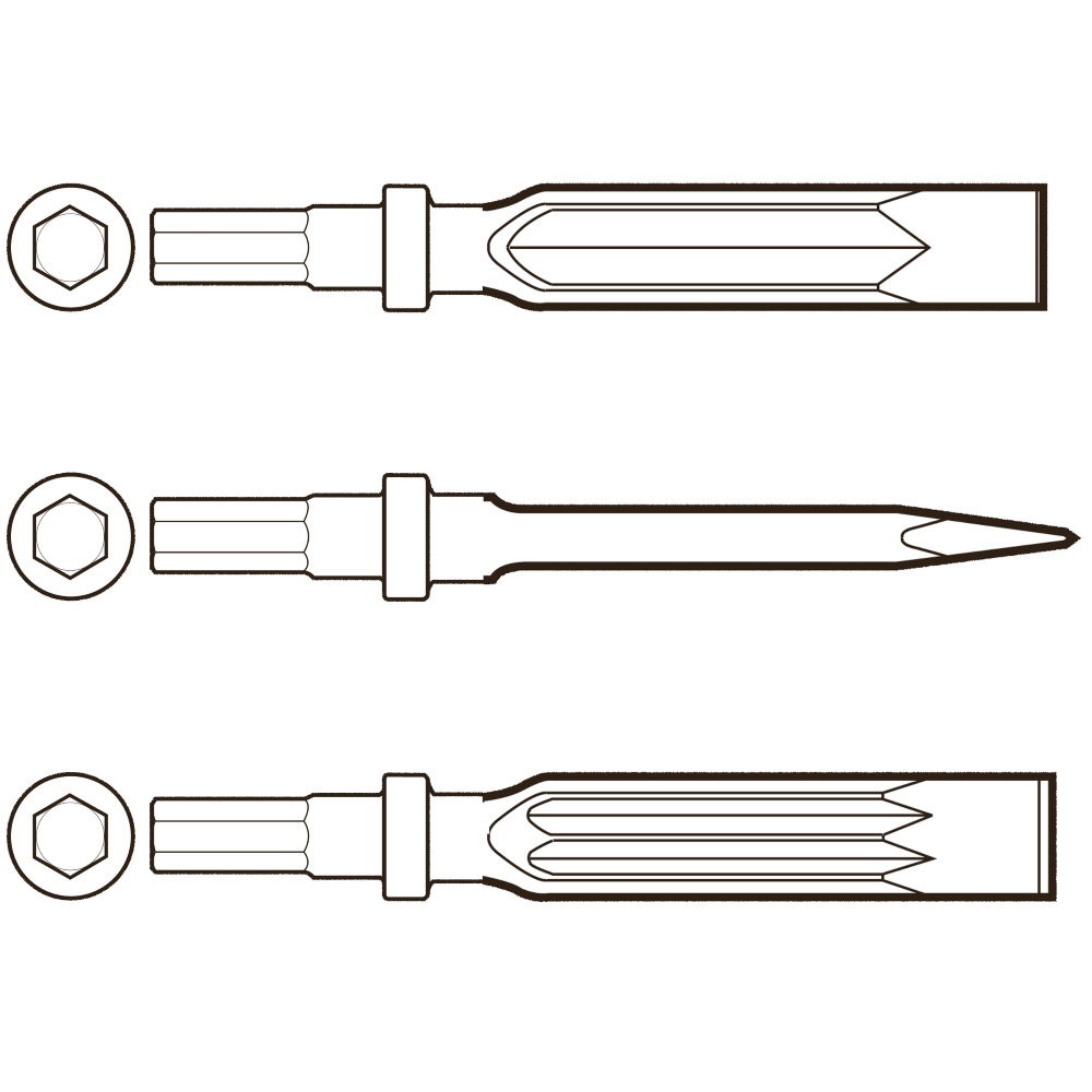 Scalpello piatto: attacco esagonale ISO 17,3 mm (0,68"), lunghezza 335 mm, larghezza 32 mm