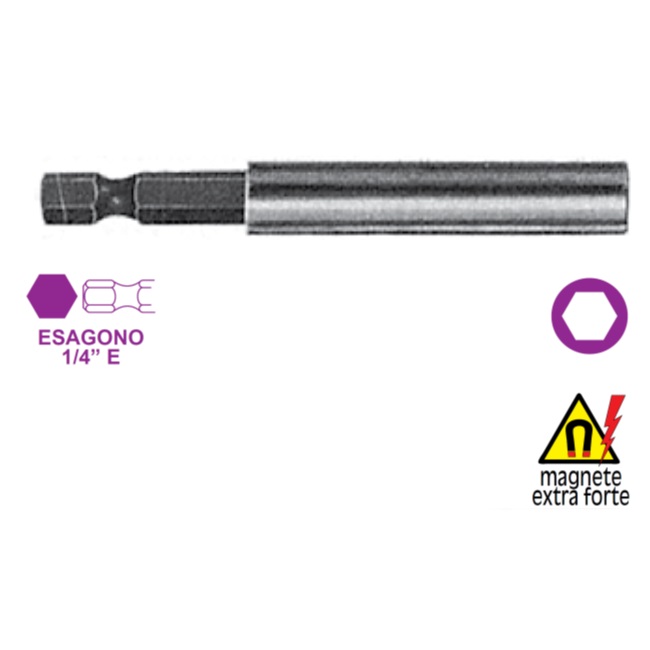 Porta inserti: con magnete extra forte, attacco esagonale 1/4", lunghezza tot. 300 mm, D.11 mm con a