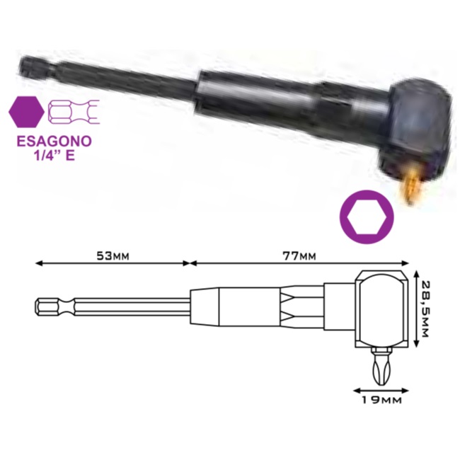 Porta inserti: ad angolo 90°, attacco esagonale 1/4", lunghezza 130 mm, D. 19x28,5 mm