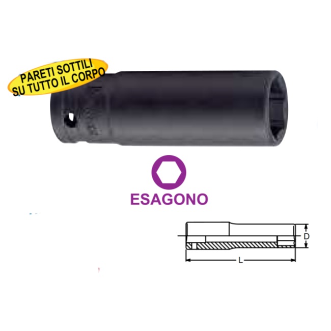 Chiave a bussola: esagono 14 mm, attacco quadro 3/8", D. 20 mm, lunghezza 55 mm