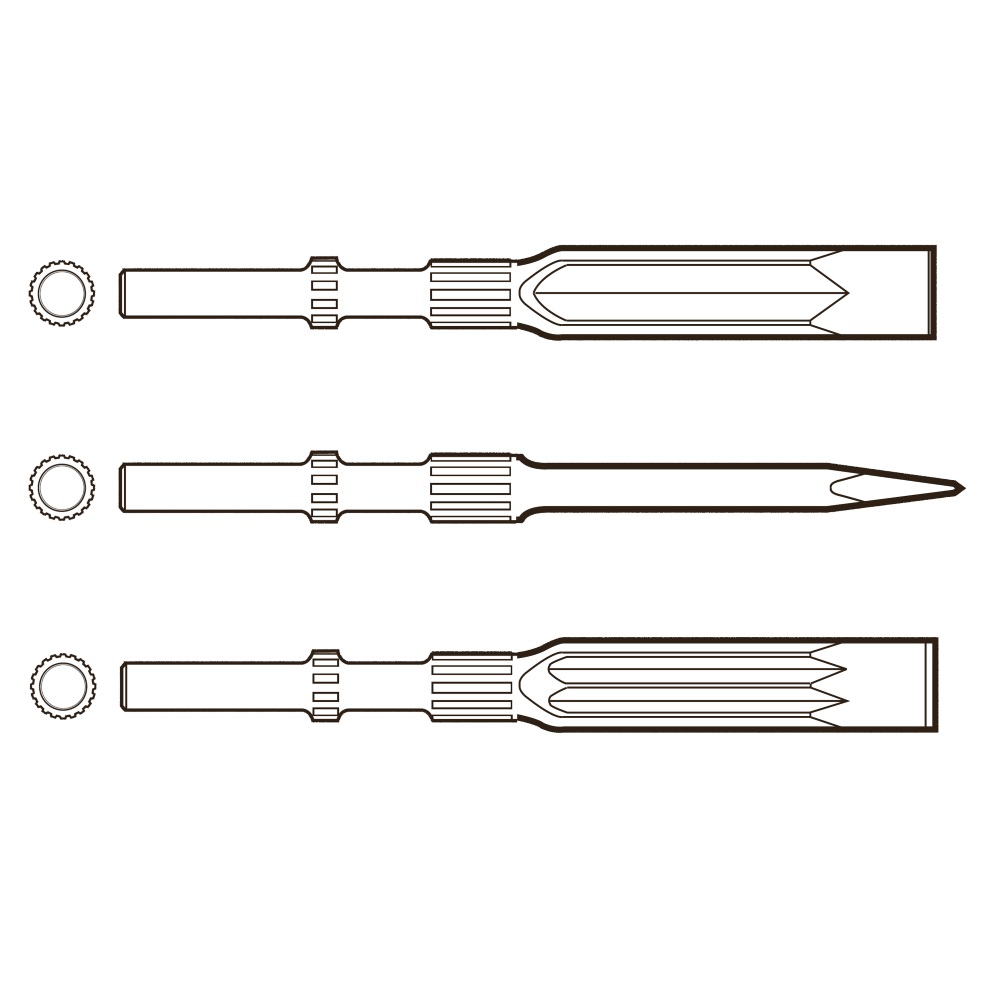 Scalpello piatto: larghezza 32 mm, lunghezza 340 mm, attacco tondo ISO 17.3 mm (0,68")