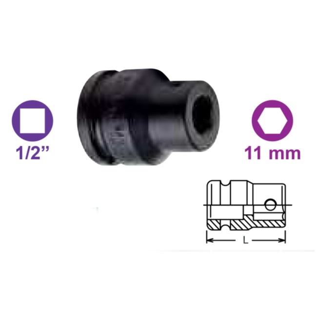 Bussola porta inserti: esagono 11 mm, attacco quadro 1/2", D. 30 mm, lunghezza 38 mm