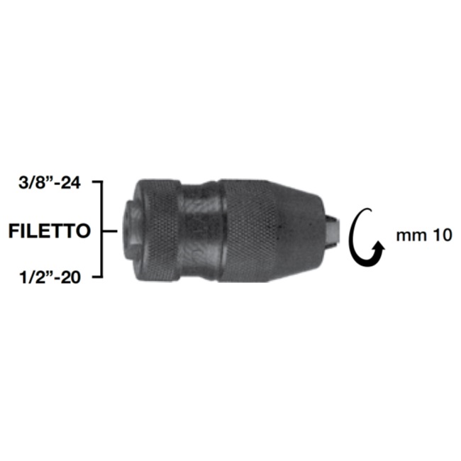 Mandrino autoserrante: attacco filettato 3/8"x24, serraggio 0,5-10 mm, D. 36 mm, lunghezza 70 mm