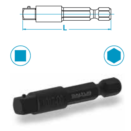 Adattatore universale: attacco esagonale 1/4", attacco quadro 1/4", lunghezza 50 mm