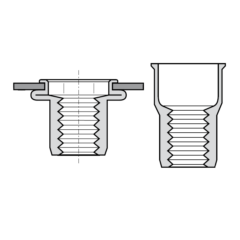 Inserto filettato: M5, corpo 7x12,7 mm, testa a filo, in acciaio zincato, gambo esagonale, spessore 