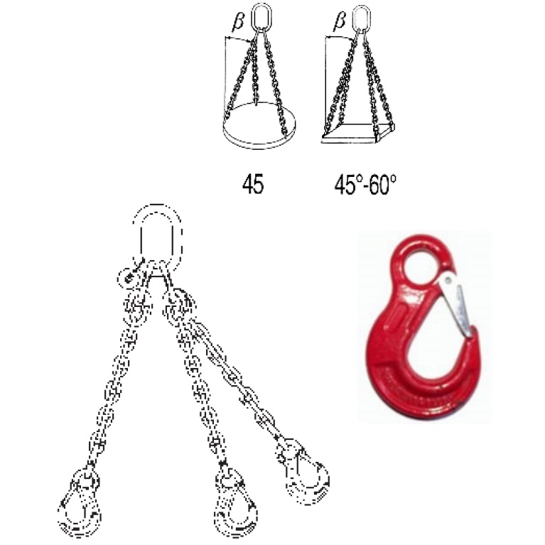 Pendente con bracci in catena: nr.3 bracci, lunghezza 1 Mt, catena D. 10 mm, carico max 0-45° 6.700 