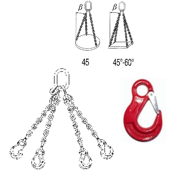 Pendente con bracci in catena: nr.4 bracci, lunghezza 1 Mt, catena D. 10 mm, carico max 0-45° 6.700 