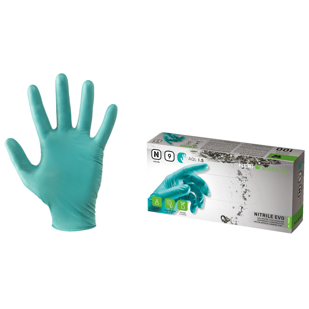 Guanto NITRILE EVO: in nitrile AQL 1.5, monouso, ambidestri, senza polvere, clorinati, spessore 0,12