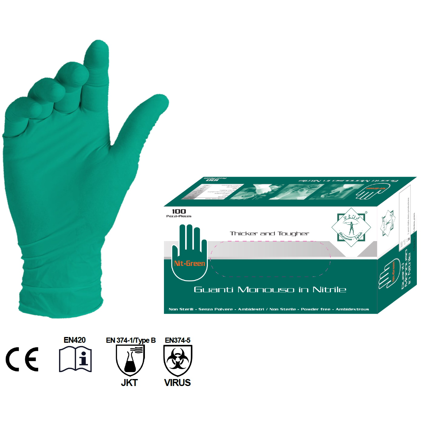 Guanto in nitrile NIT-GREEN: monouso, AQL <=1,5, spessore 0,13 mm, lunghezza 260 mm, senza polvere, 