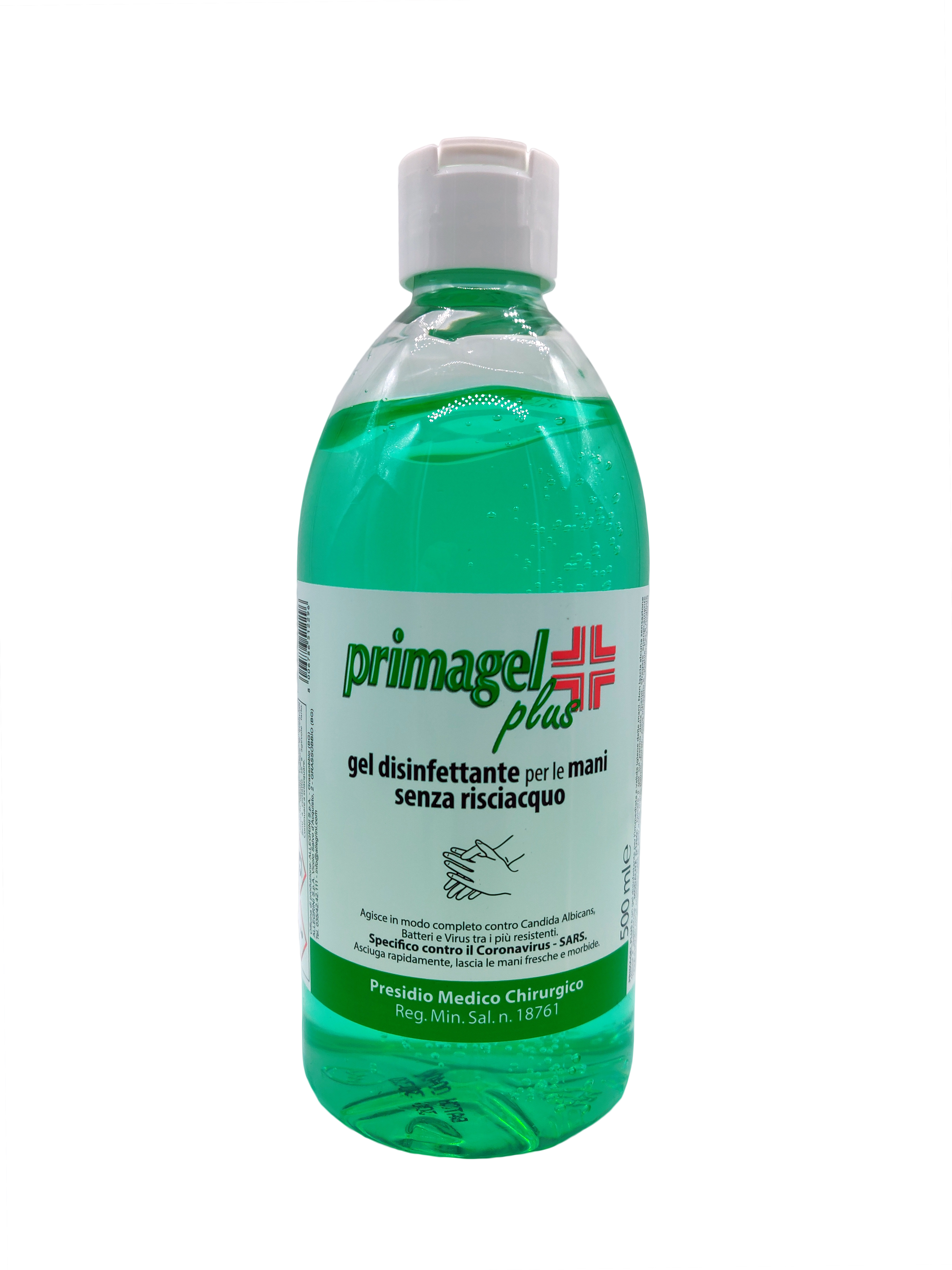 Gel disinfettante mani Mod. PRIMAGEL PLUS: igienizzante mani alcolico, flacone da 500 ml