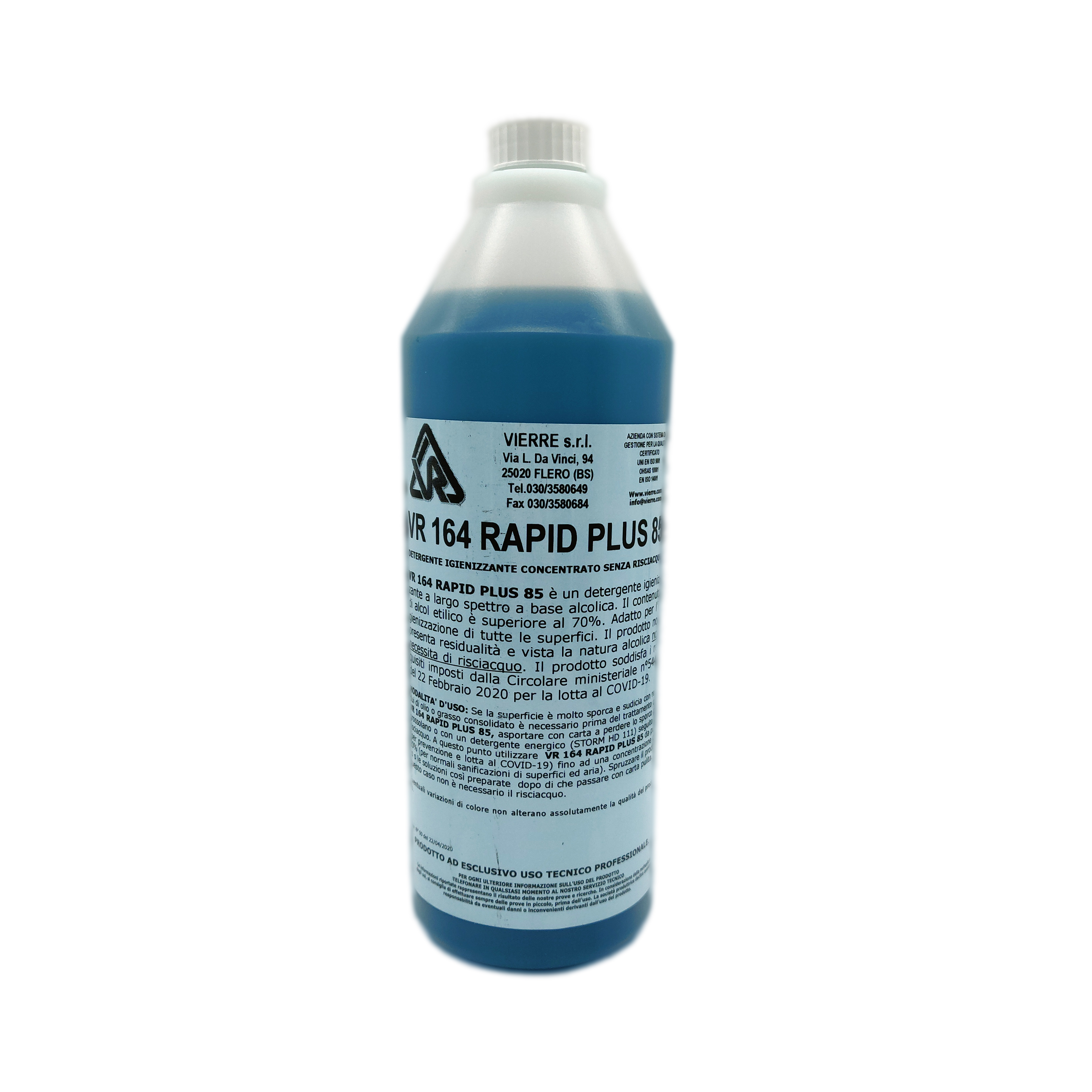 Detergente igienizzante per superfici Mod. VR 164 RAPID PLUS 85: senza riasciacquo, 85% di alcol, fl