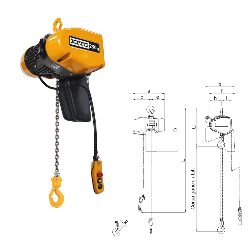 Paranco elettrico KQ5SD/1G: portata 500 kg decl. a 200 kg, gancio a bolzello, corsa gancio 5 Mt (inc