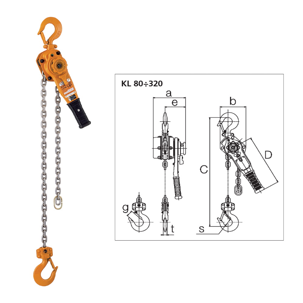 Paranco a catena manuale mod. KL100: portata 1.000 kg,corsa utile del gancio 3 Mt, nr.1 tiro catena,