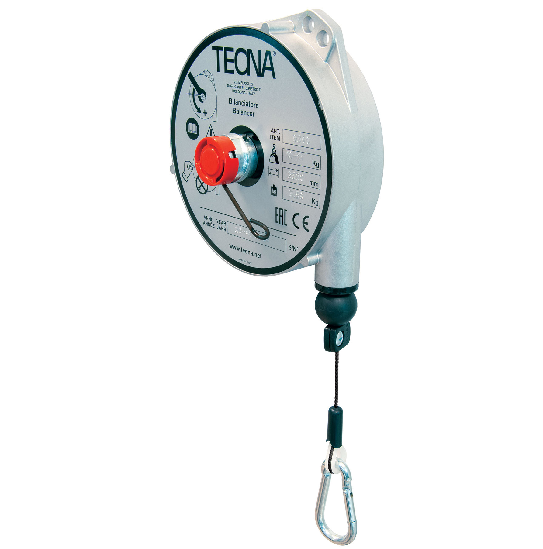 Bilanciatore 9340: portata 10-14 kg, corsa fune in acciao 2,5 Mt, peso 3,58 kg