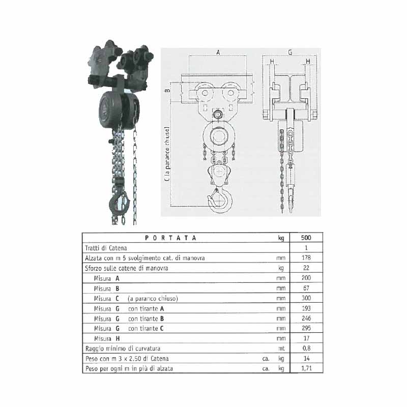 Paranco manuale: con carrello ad avanzamento a spinta, portata 500 kg, tiro catena 6 Mt (per IPE 160