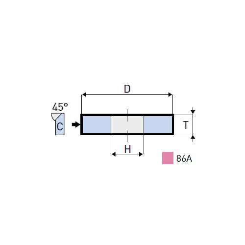 Mola per affilatura: 150x6x20 mm, forma 01 prof. C a 45°, specifica 86A80OVS, velocità 45 m/s