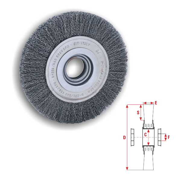 Spazzola circolare 6253: filo acciaio ondulato 0,35 mm, 250x30x58 mm (include kit boccole riduzione 