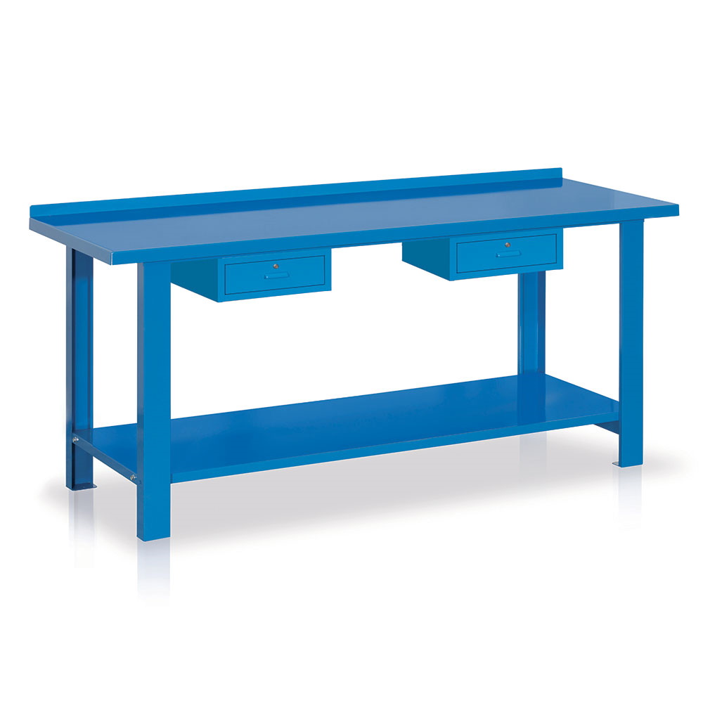 Banco da lavoro BL327B: piano in lamiera, portata 1.000 kg, colore blu RAL 5015, nr.2 cassetti, dime