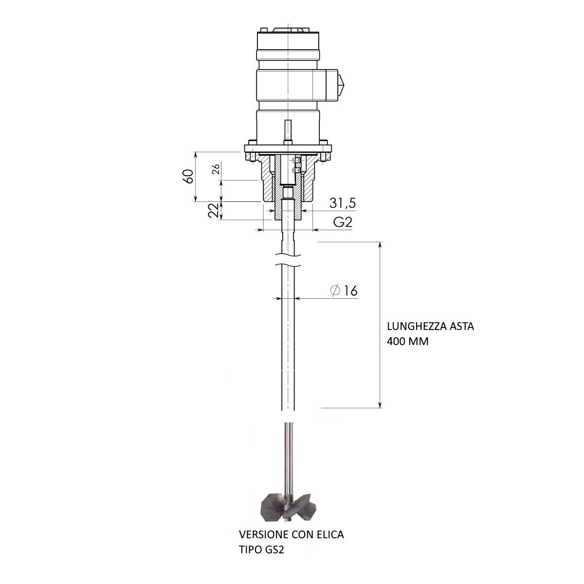 Agitatore pneumatico completo di: motore LZL05-L-P-AC, elica tipo GS2, asta lunghezza 500 mm, certif