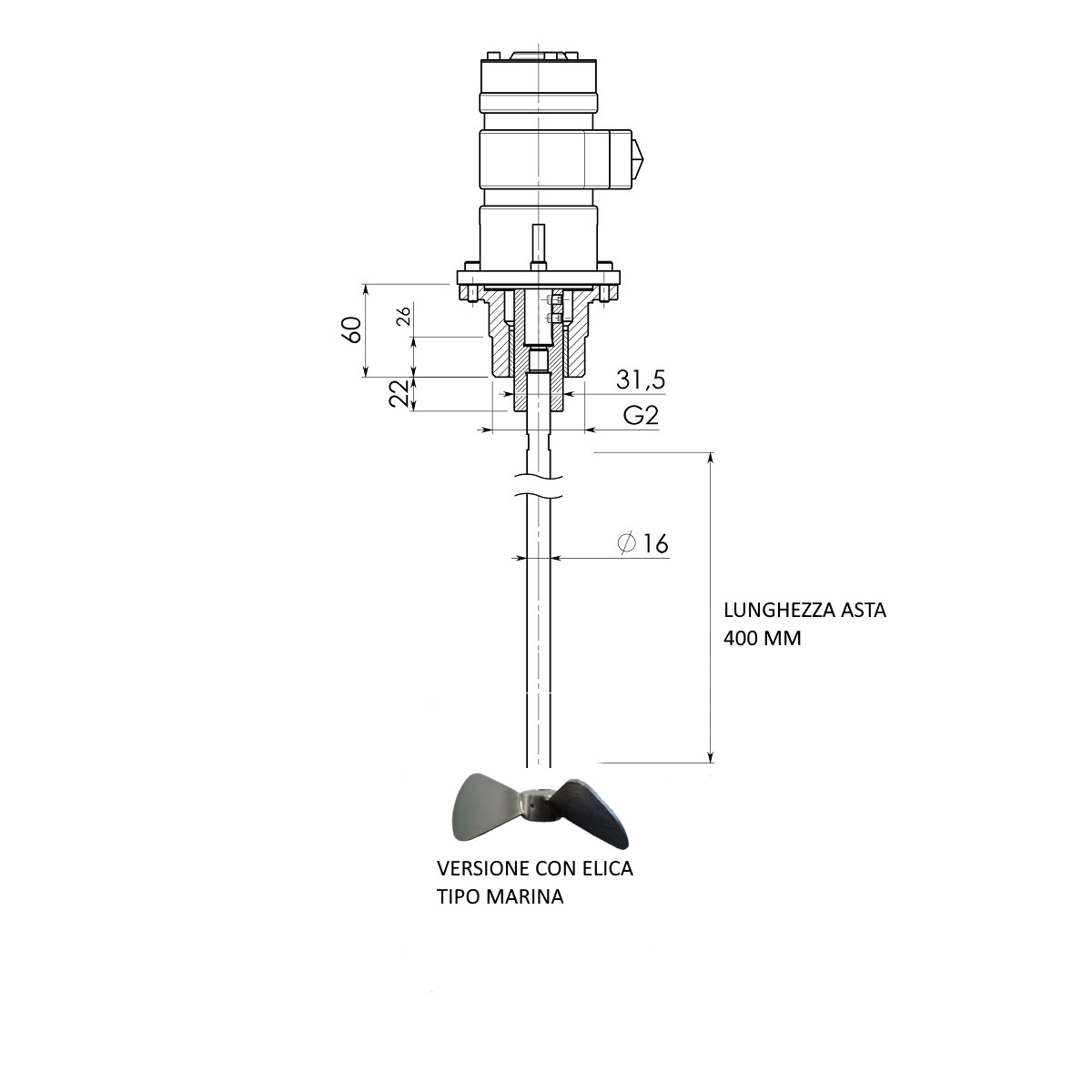 Agitatore pneumatico completo di: motore LZL05-L-P-AC, elica tipo marina, asta lunghezza 500 mm, cer