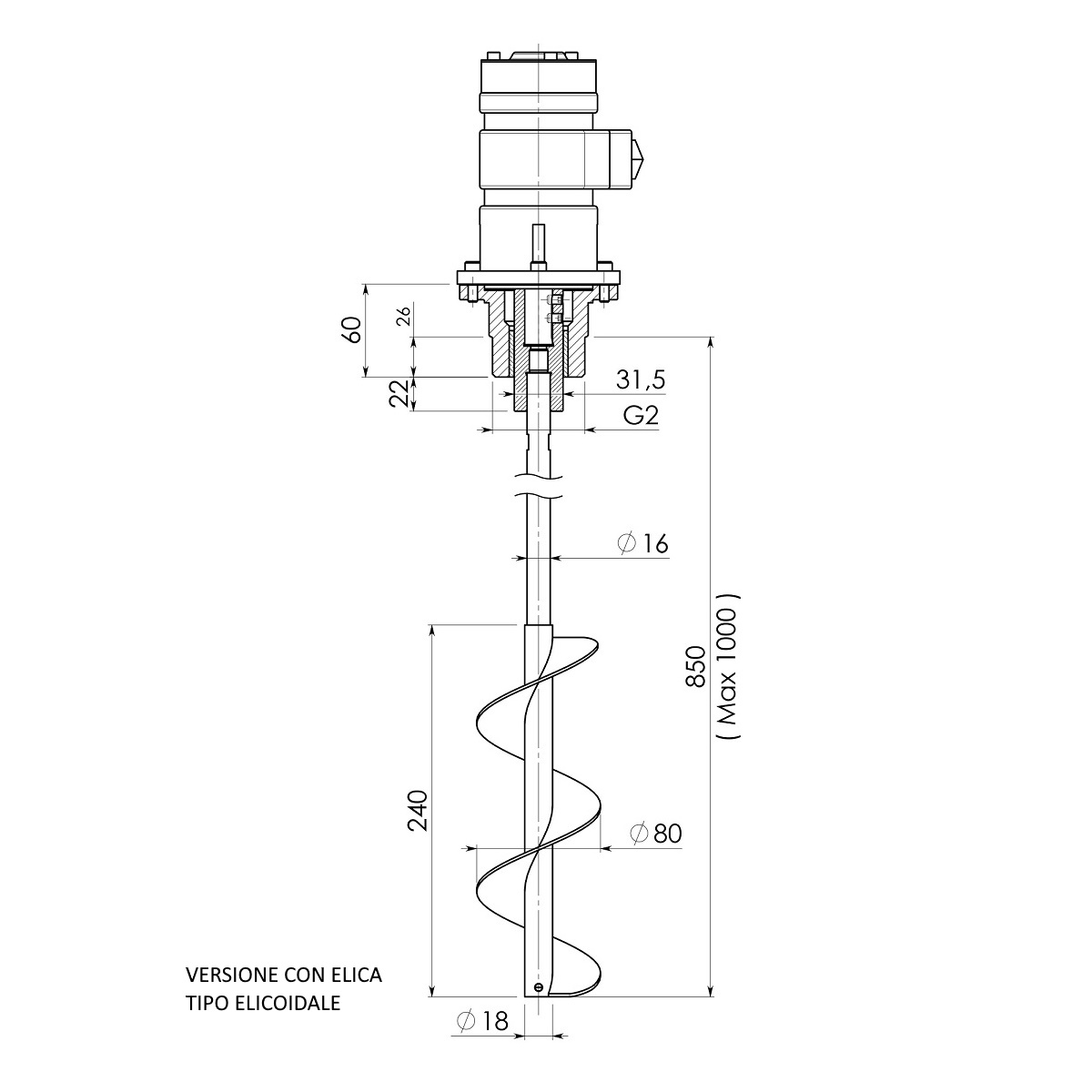 Agitatore pneumatico completo di: motore LZL05-L-P-AC, elica tipo elicoidale D.80 mm, asta lunghezza