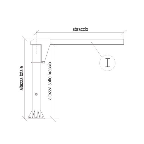 Gru a colonna: braccio a sbalzo in trave IPE, rotazione manuale 360°, portata 250 kg, sbraccio 4 Mt,